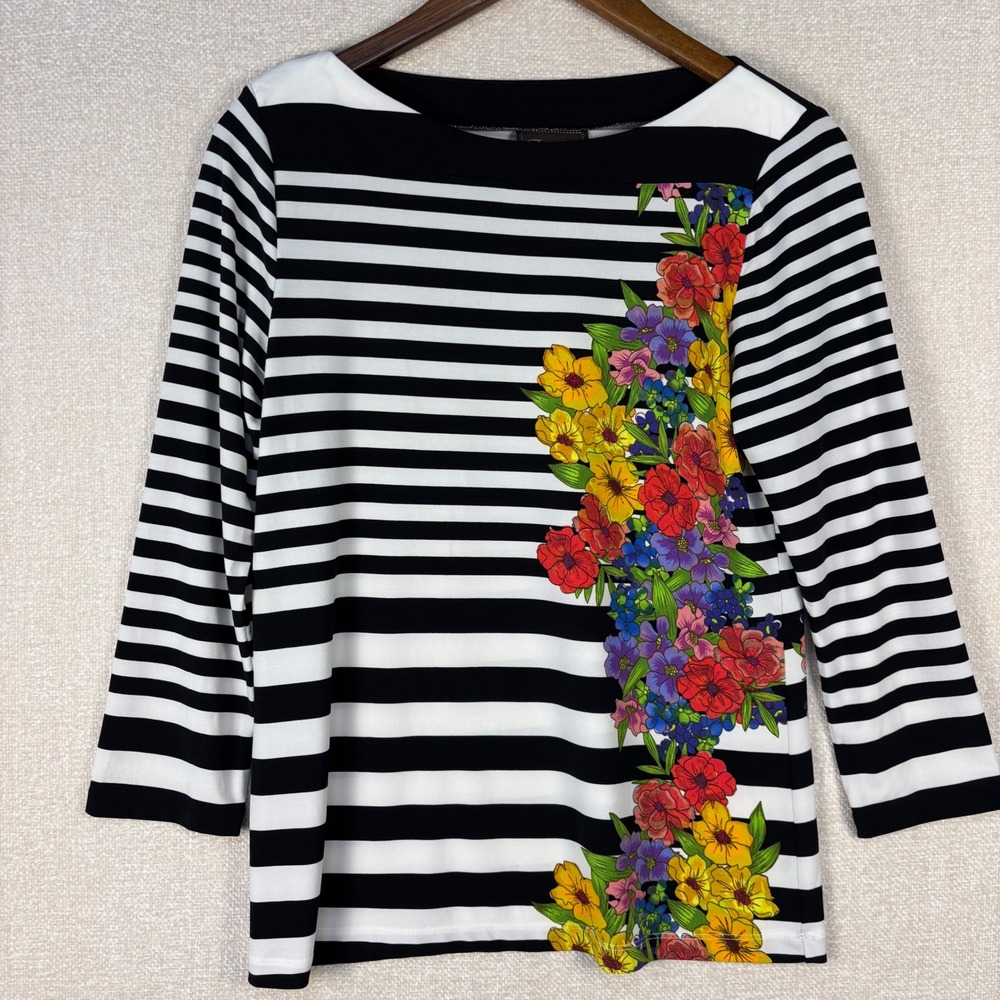Trulli Womens Medium Striped Floral Boat Neck 3/4 Sleeve Top Black Grayish White